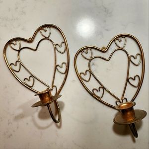 Set of two bronze color heart shaped wall sconce candle holder